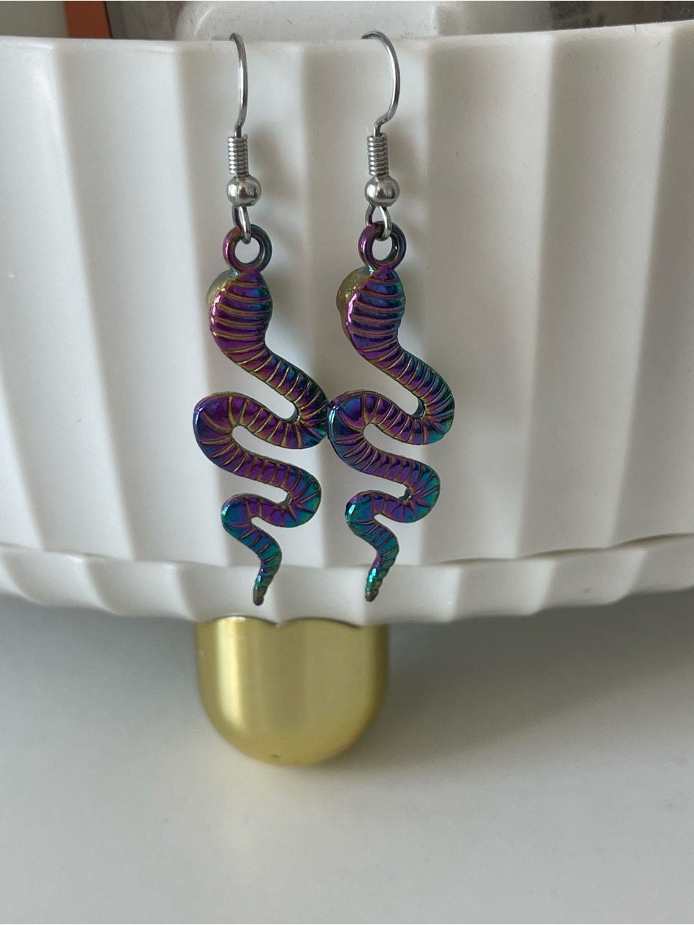 Iridescent Rainbow Snake Dangle Earrings